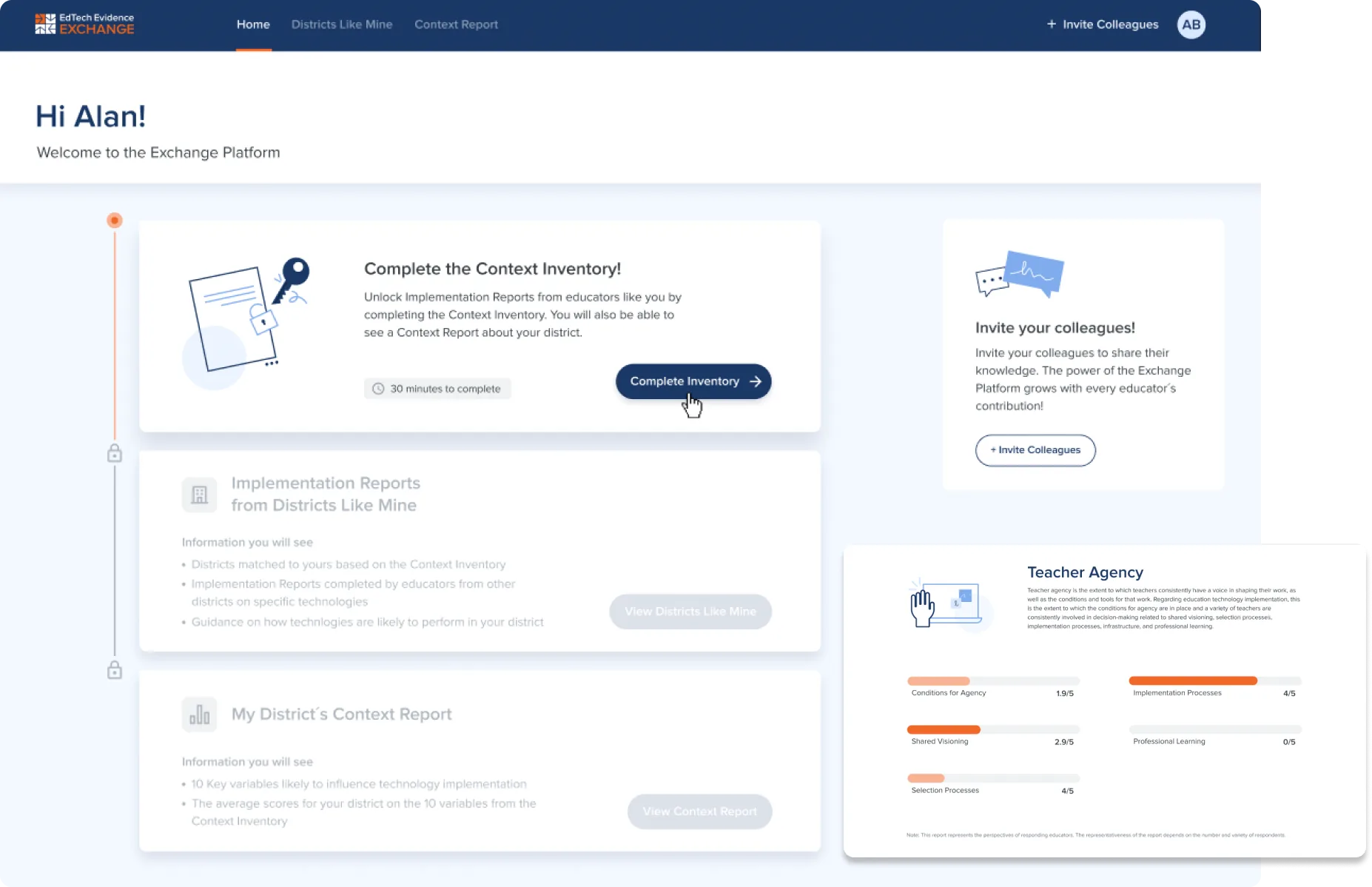 The Exchange Platform dashboard, with the context inventory to complete and a district-level Teacher Agency report
