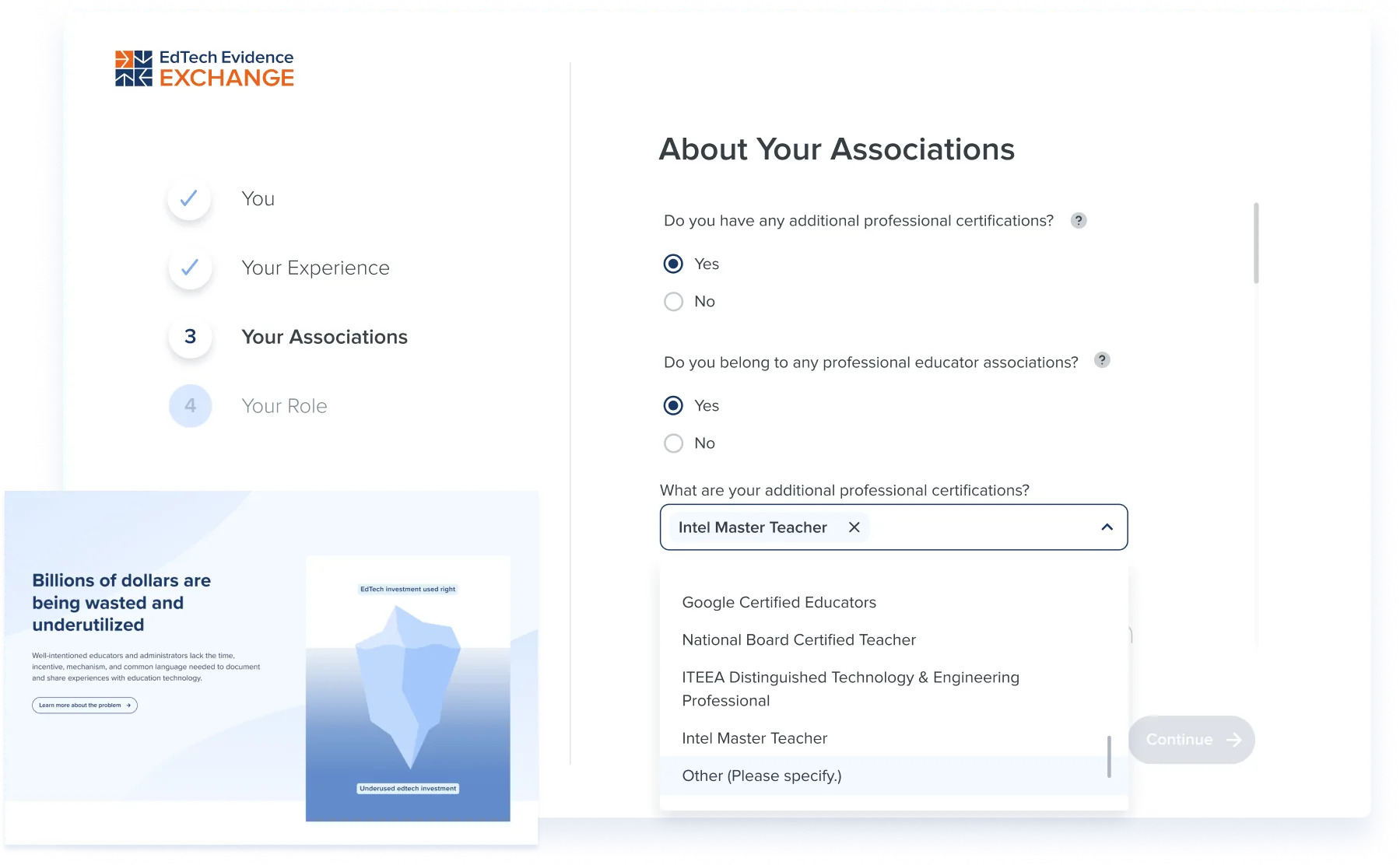 The multi-step survey experience: educators add their associations and certifications, with a note explaining how their data stays anonymous