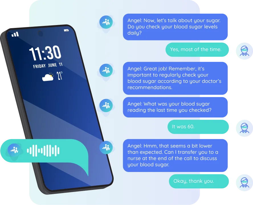 A care management conversation: the assistant Angel calls a patient on their phone and follows up over chat about their blood sugar levels