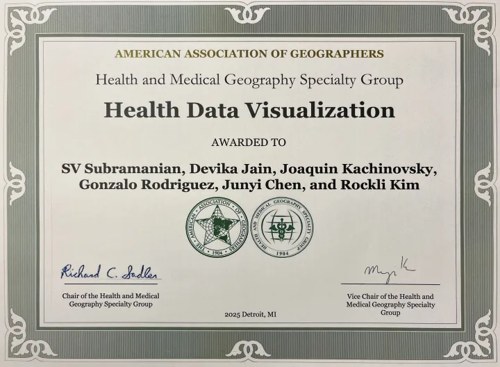 The 2025 Health Data Visualization Award certificate from the American Association of Geographers