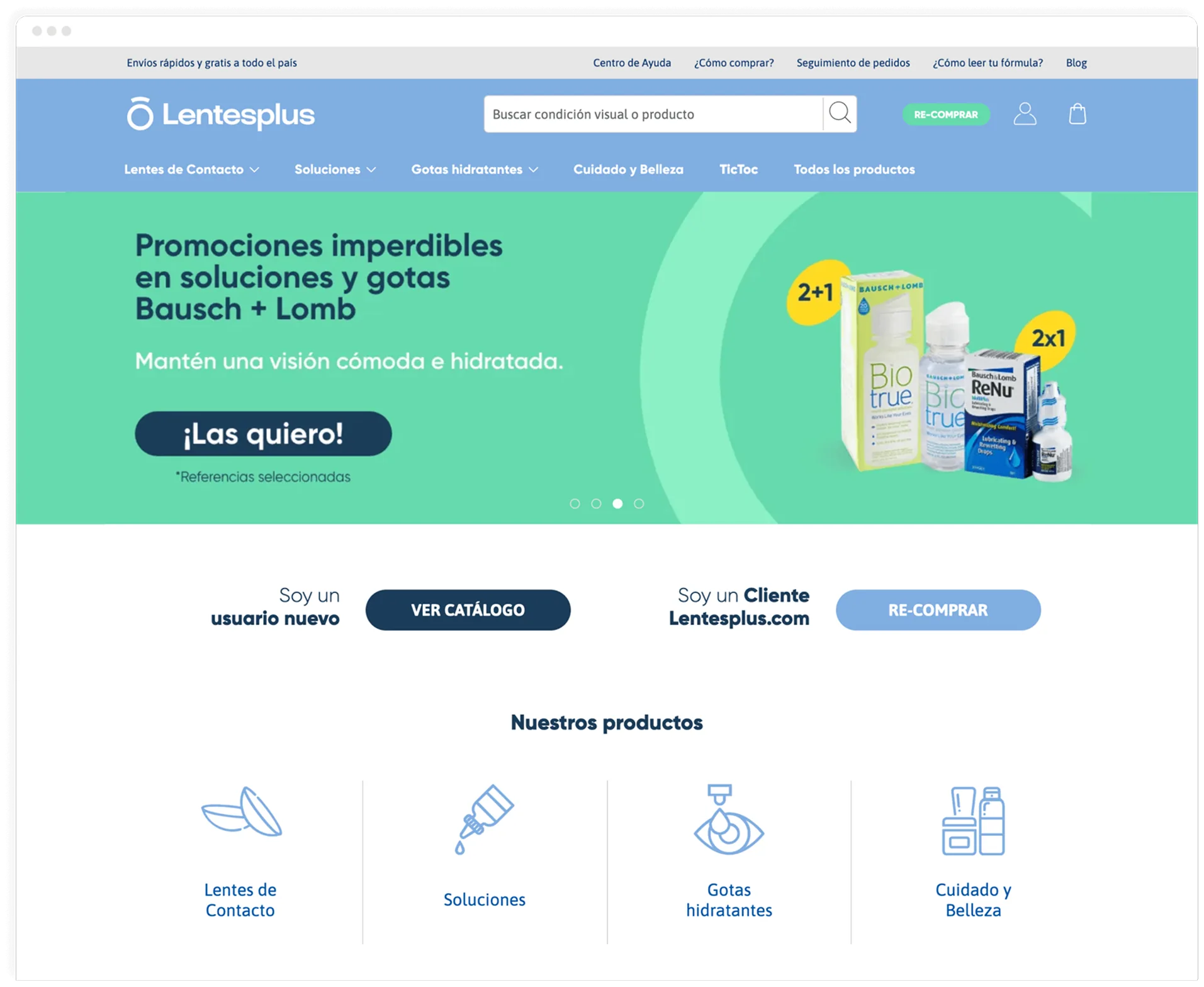 The Lentesplus home page: a Bausch + Lomb promotional banner, entry points for new and returning customers, and the product categories