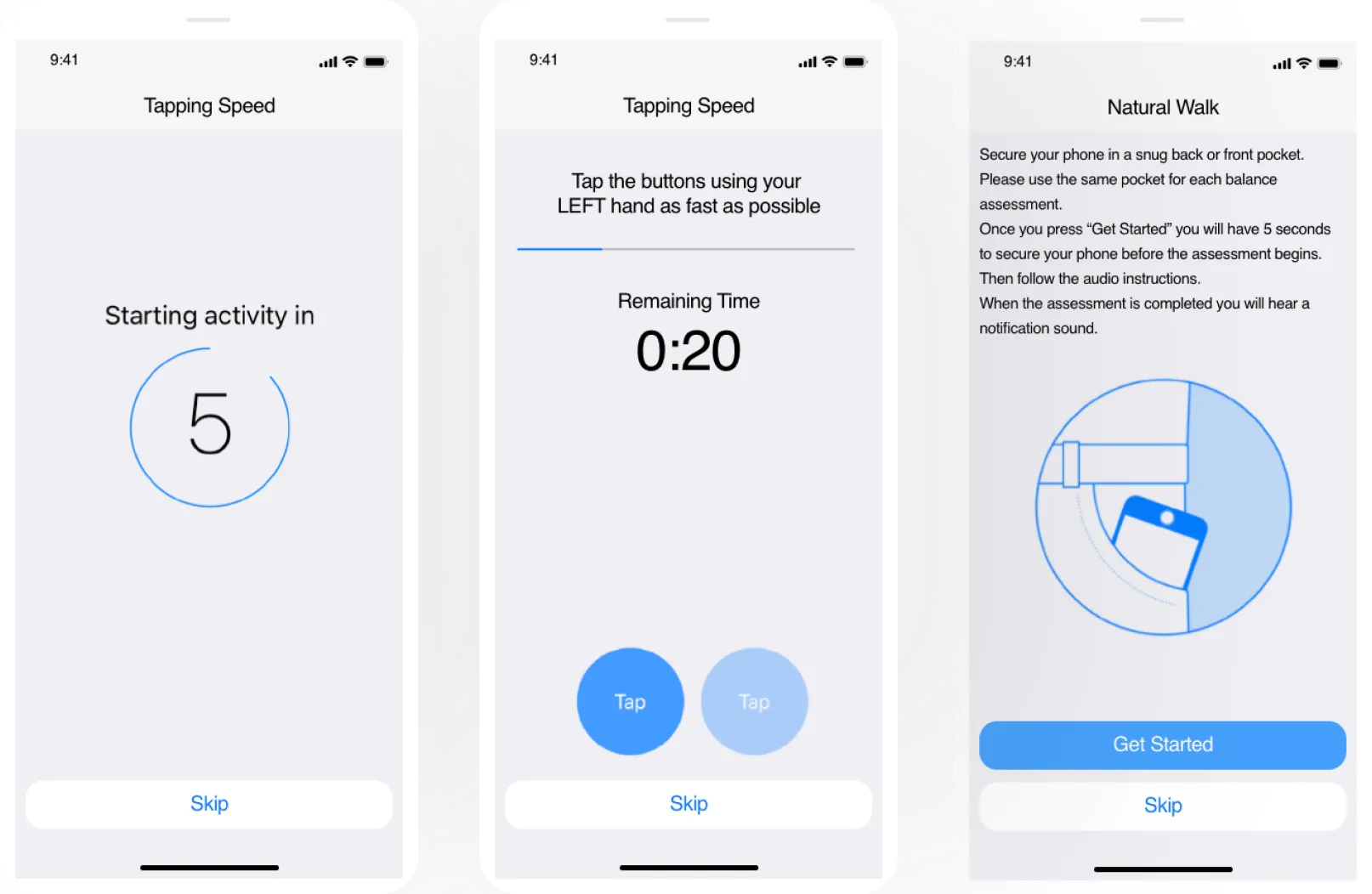 Three phone screens from the assessment flow: the countdown before an activity, the tapping speed test with a progress bar and remaining time, and the natural walk instructions