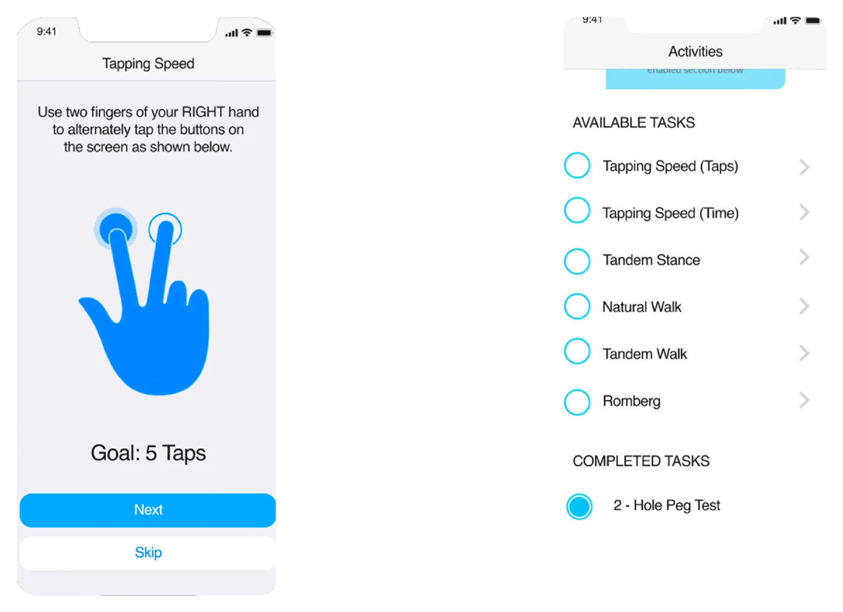 Two app screens side by side: the tapping speed activity with its goal and hand illustration, and the activities list with available and completed tasks