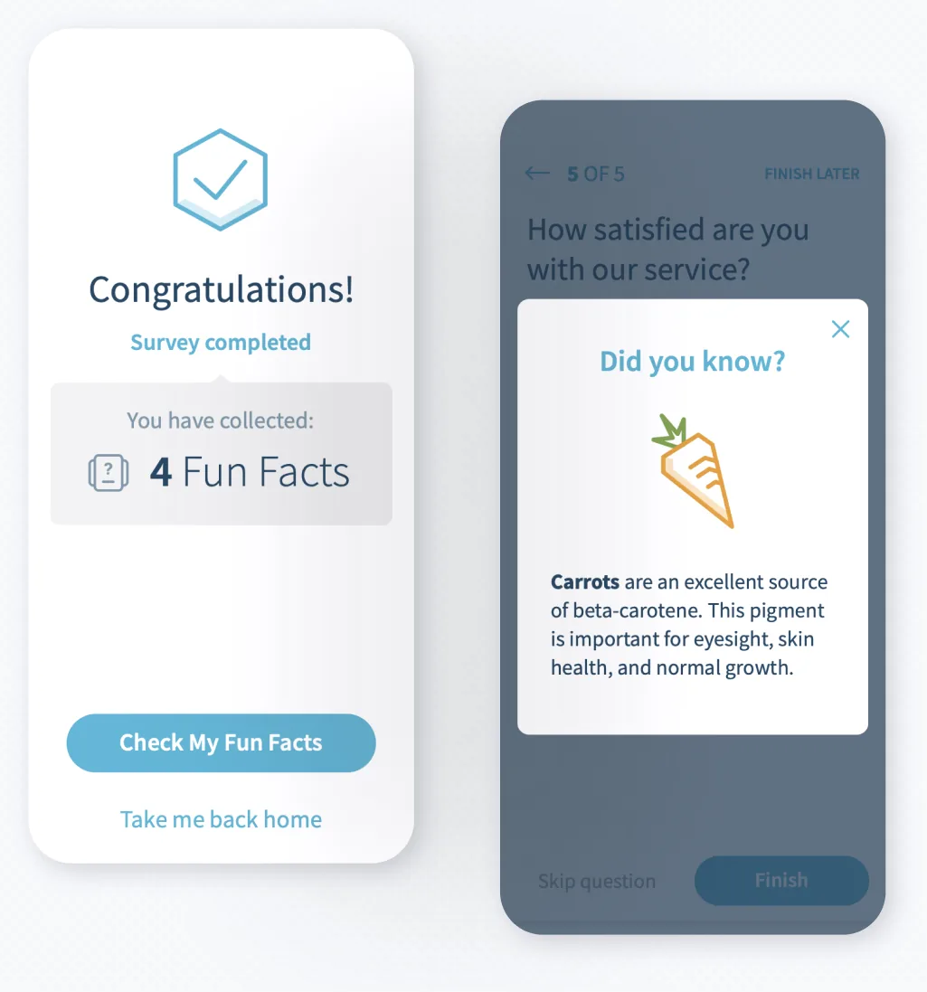Two survey screens: the completion screen with the fun facts collected, and a satisfaction question with a “Did you know?” card about carrots