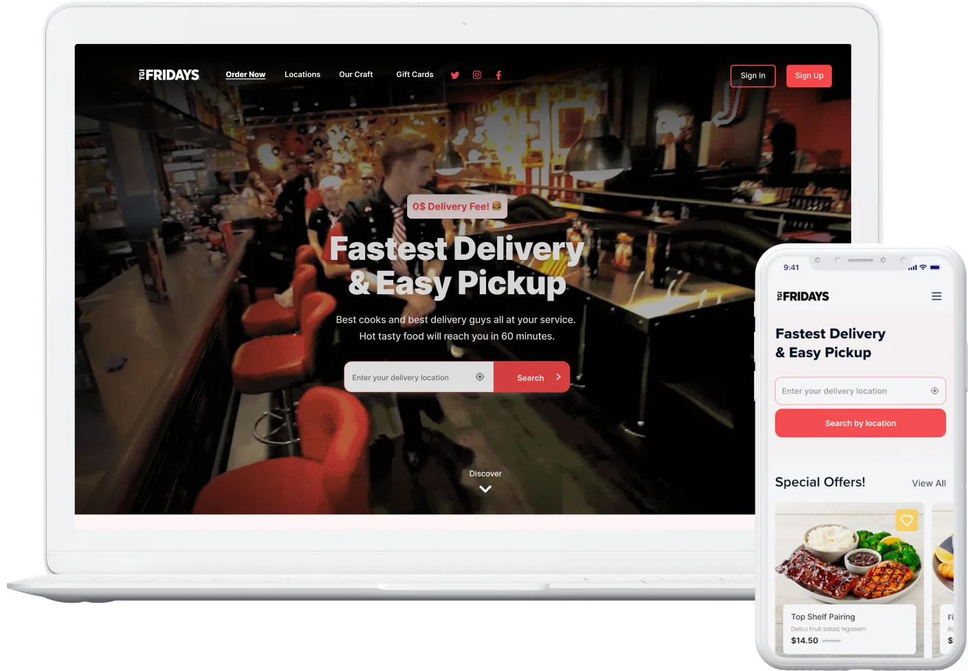 The TGI Fridays delivery site on laptop and phone: the “Fastest Delivery & Easy Pickup” hero with a location search, and the mobile special offers list