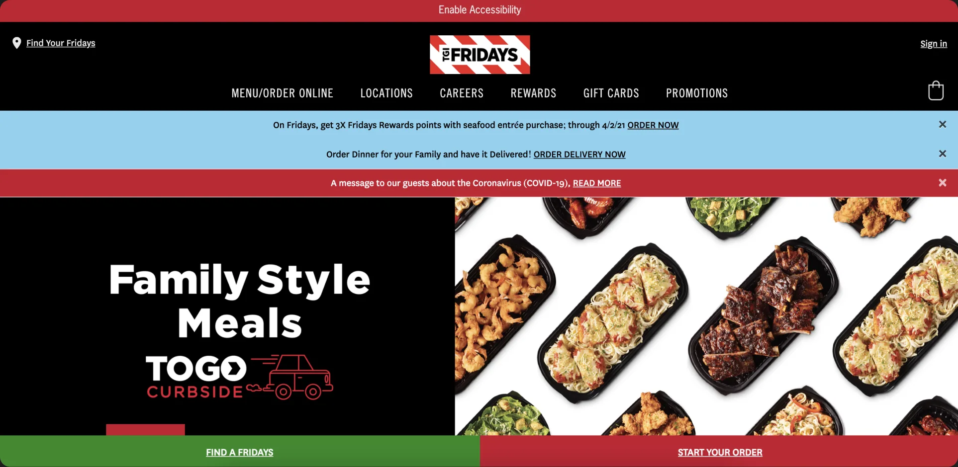 The redesigned tgifridays.com with the accessibility bar, promotional banners and the Family Style Meals hero
