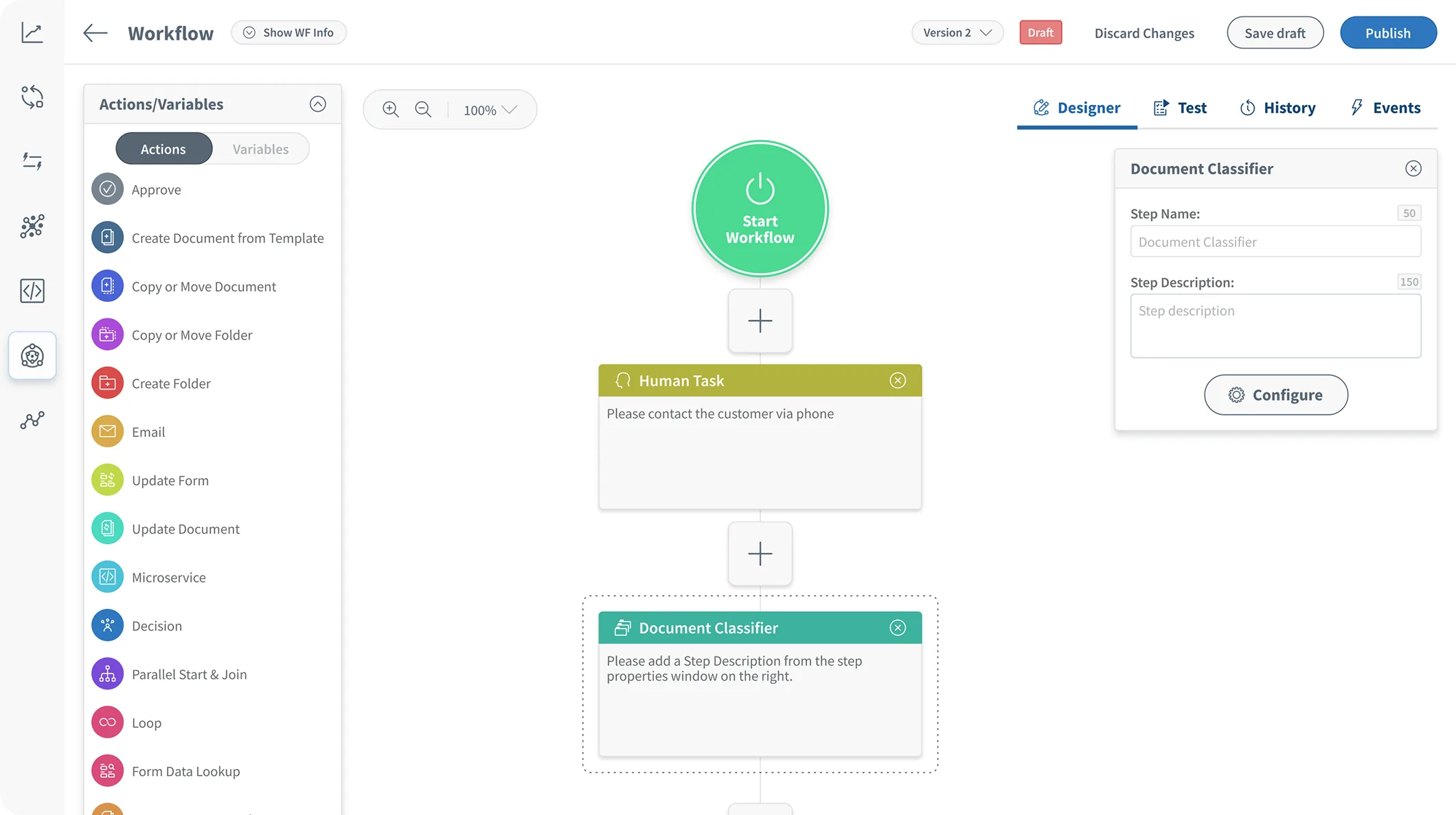 The VisualVault Workflow Designer: the actions panel, a vertical flow with a human task and a document classifier, and the step inspector